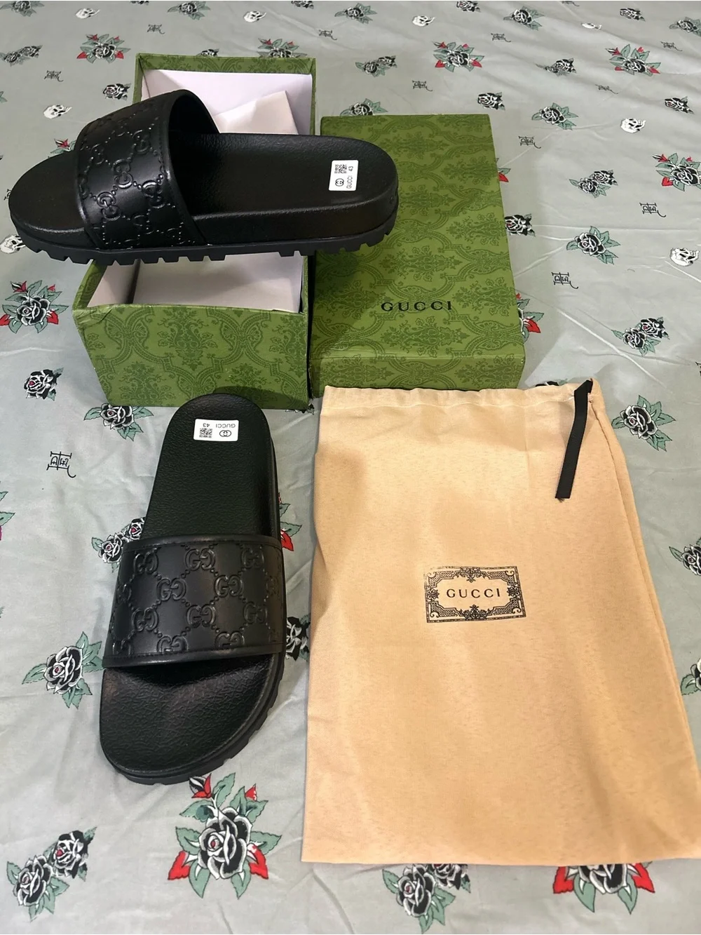 Gucci Black Embossed GG Leather Slide Sandals for Men
